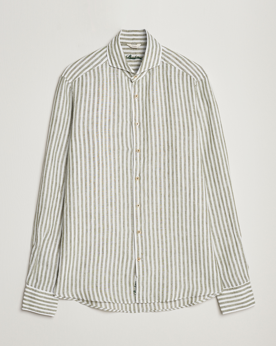 Heren | Overhemden | Stenströms | Slimline Cut Away Striped Linen Shirt Green