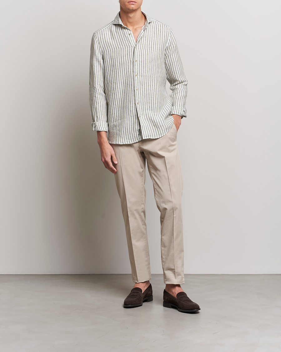 Heren | Overhemden | Stenströms | Slimline Cut Away Striped Linen Shirt Green