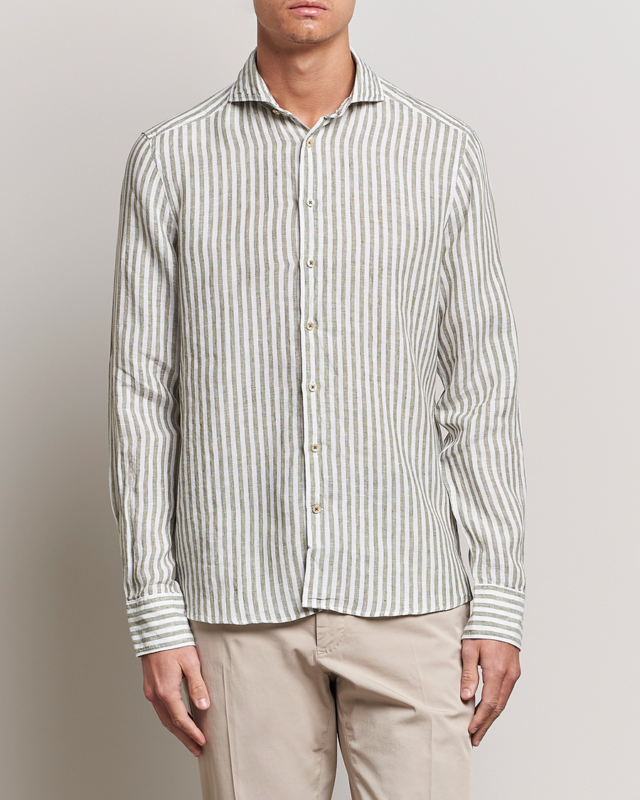 Heren | Overhemden | Stenströms | Slimline Cut Away Striped Linen Shirt Green