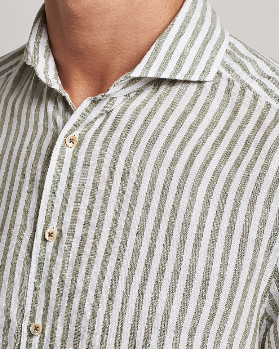 Heren | Overhemden | Stenströms | Slimline Cut Away Striped Linen Shirt Green