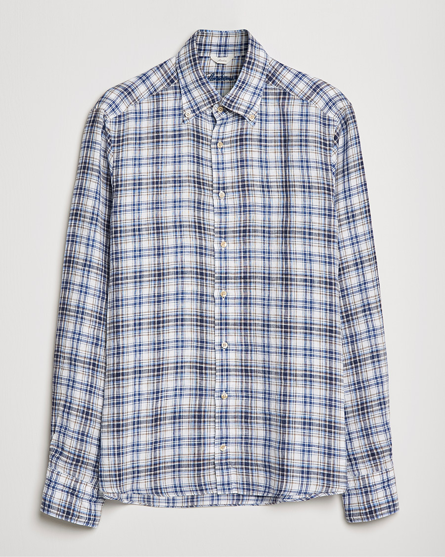 Heren | Overhemden | Stenströms | Slimline Cut Away Checked Linen Shirt Blue/Beige