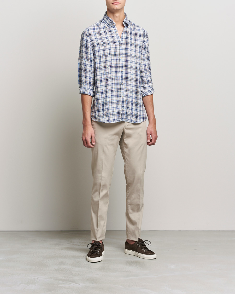 Heren | Overhemden | Stenströms | Slimline Cut Away Checked Linen Shirt Blue/Beige