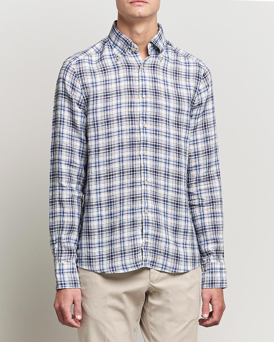 Heren | Overhemden | Stenströms | Slimline Cut Away Checked Linen Shirt Blue/Beige