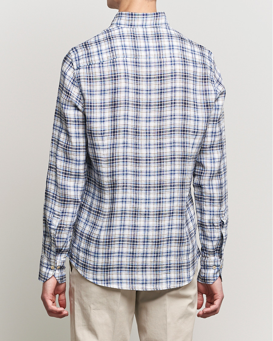 Heren | Overhemden | Stenströms | Slimline Cut Away Checked Linen Shirt Blue/Beige