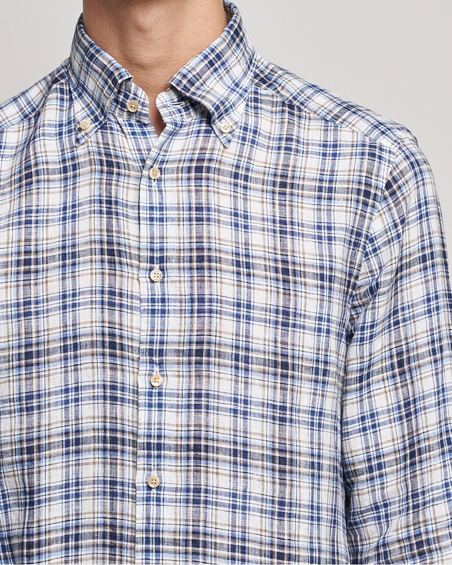 Heren | Overhemden | Stenströms | Slimline Cut Away Checked Linen Shirt Blue/Beige