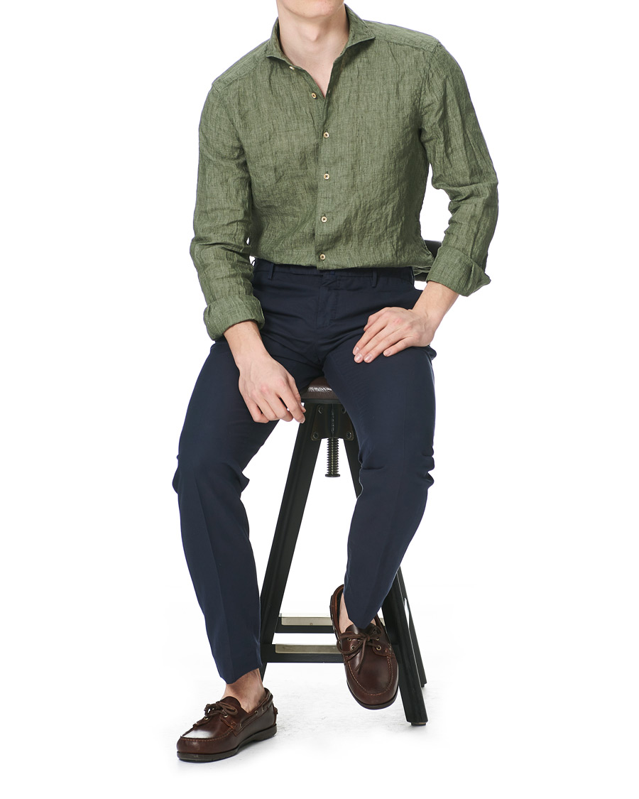 Homme | Chemises | Stenströms | Slimline Cut Away Linen Shirt Olive