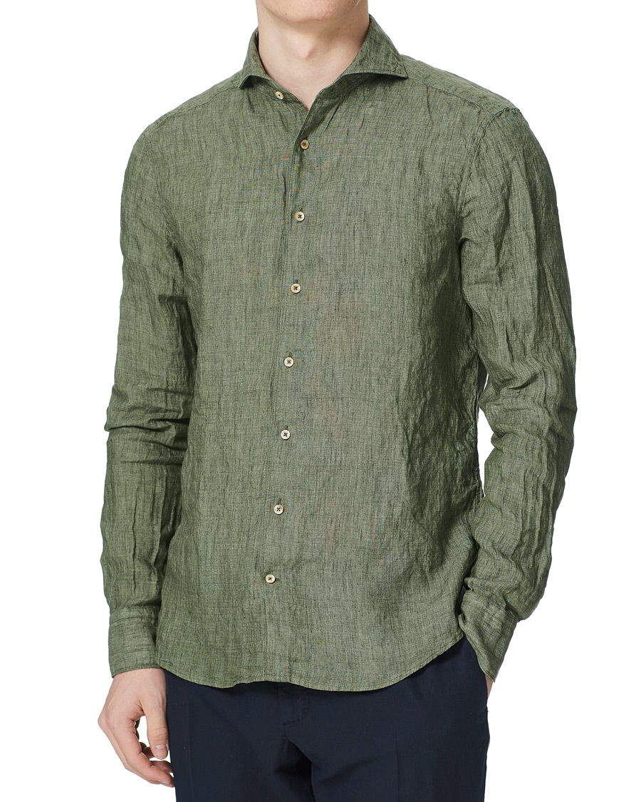 Homme | Chemises | Stenströms | Slimline Cut Away Linen Shirt Olive