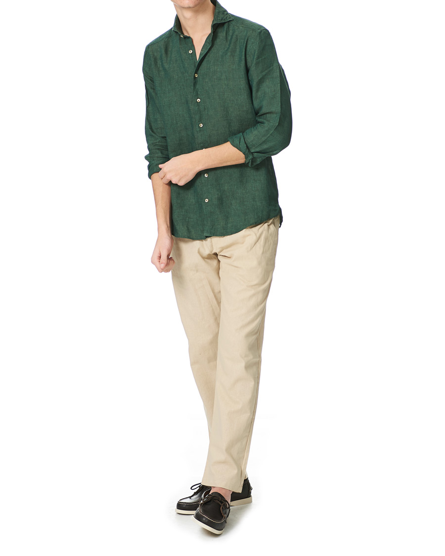 Homme | Chemises | Stenströms | Slimline Cut Away Linen Shirt Dark Green