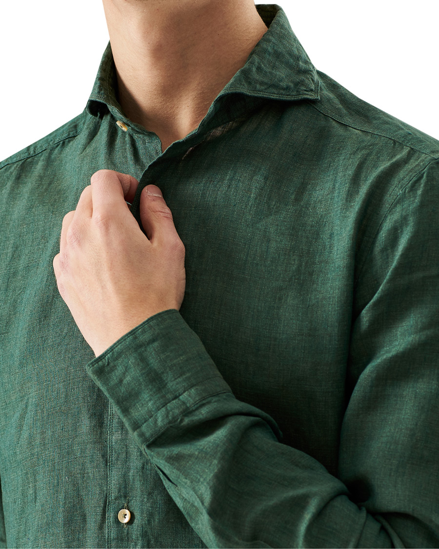 Homme | Chemises | Stenströms | Slimline Cut Away Linen Shirt Dark Green
