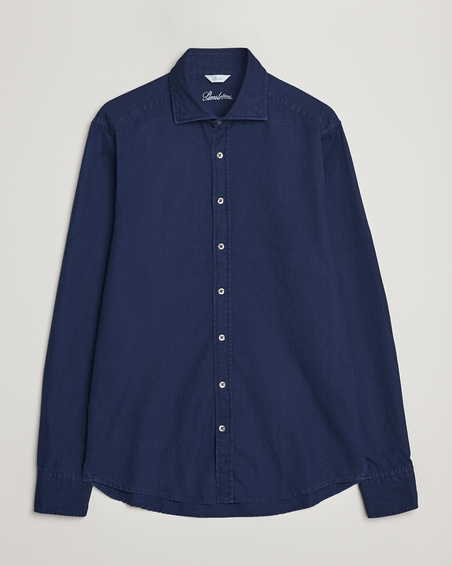 Heren | Overhemden | Stenströms | Slimline Washed Structured Denim Shirt Indigo Blue