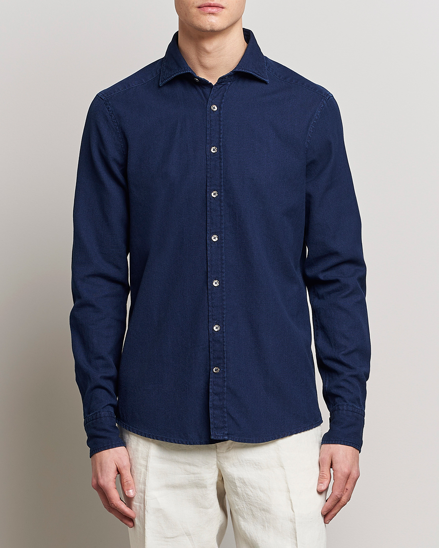 Heren | Overhemden | Stenströms | Slimline Washed Structured Denim Shirt Indigo Blue