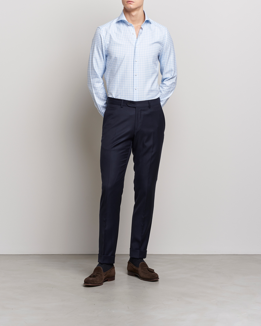 Homme | Chemises | Stenströms | Slimline Checked Cut Away Shirt Light Blue
