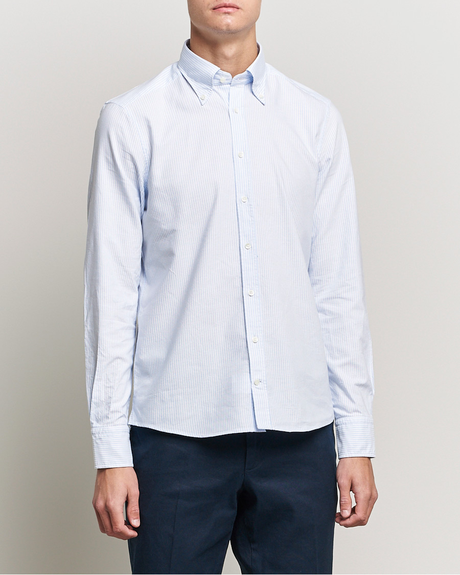 Heren | Overhemden | Stenströms | Slimline Washed Striped Oxford Shirt Light Blue