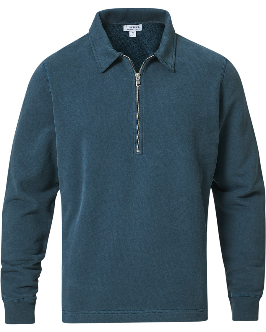 Heren | Truien | Sunspel | Zip Polo Sweatshirt Dark Petrol