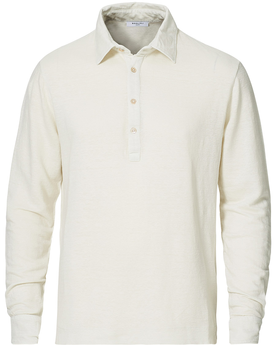 Homme | Pulls Et Tricots | Boglioli | Washed Linen Long Sleeve Polo White