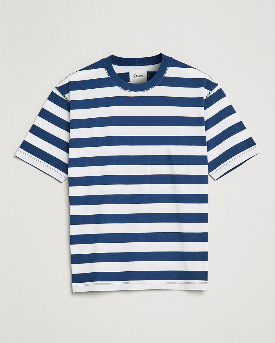 Homme | T-shirts | Drake's | Striped Cotton Hiking Tee White/Navy