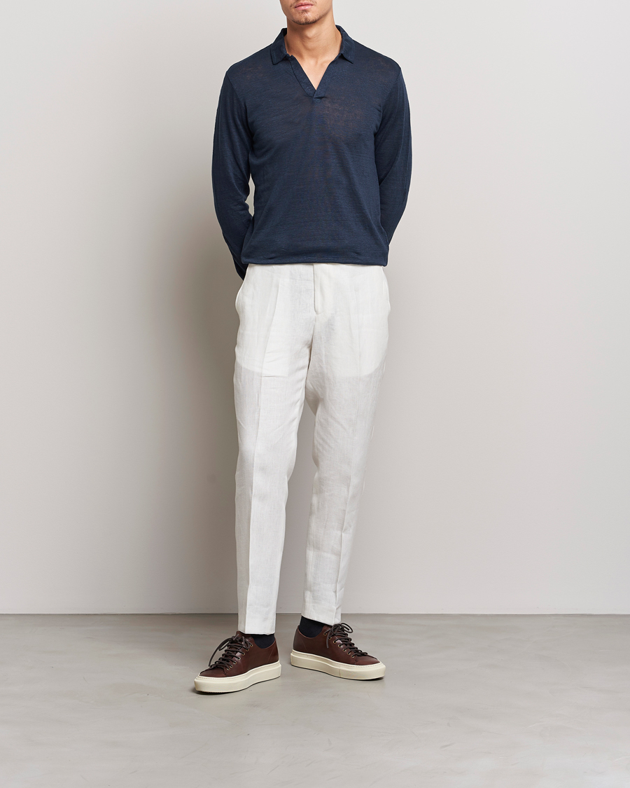 Heren | Polo's | Gran Sasso | Washed Linen Long Sleeve Polo Navy Melange