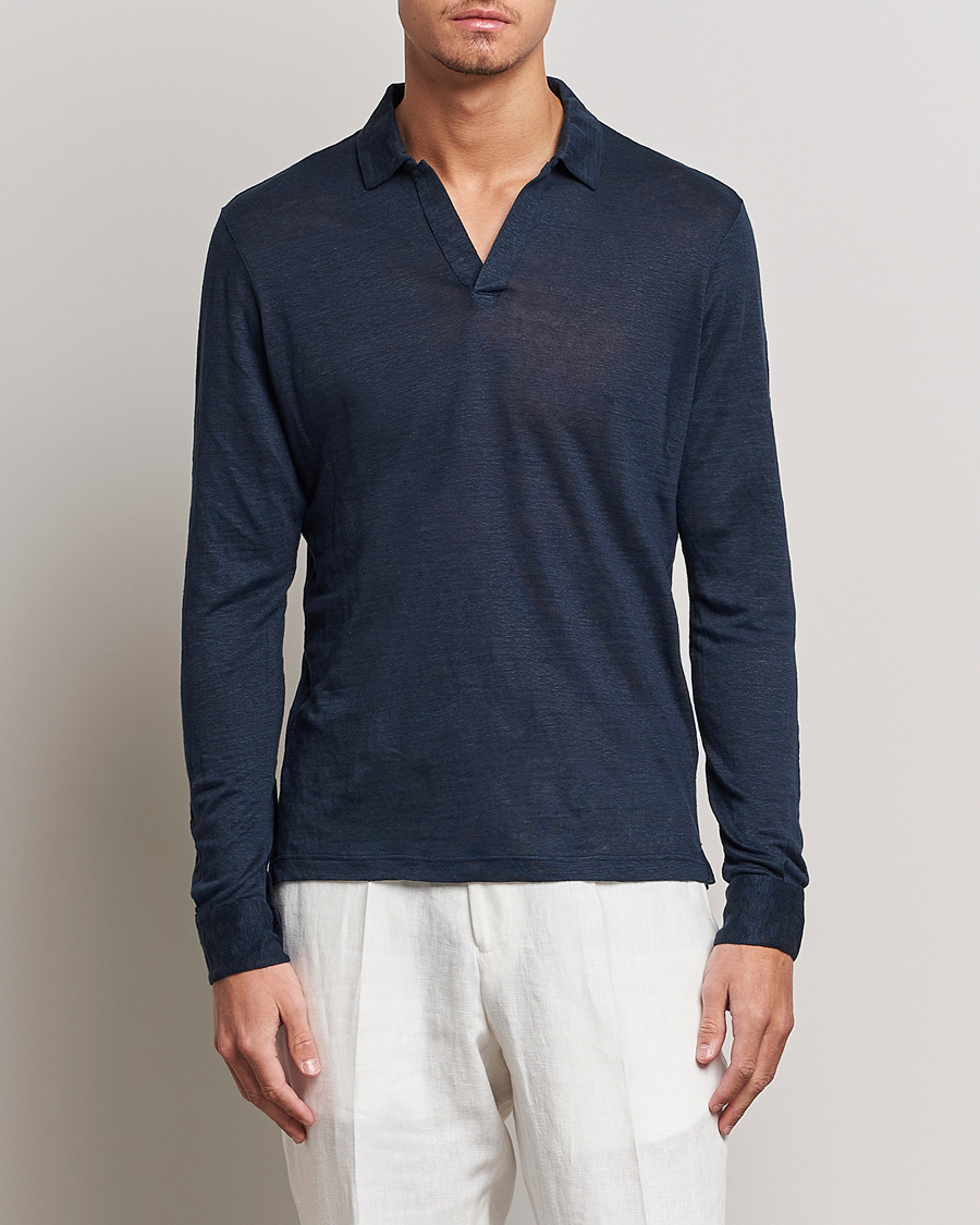 Heren | Polo's | Gran Sasso | Washed Linen Long Sleeve Polo Navy Melange