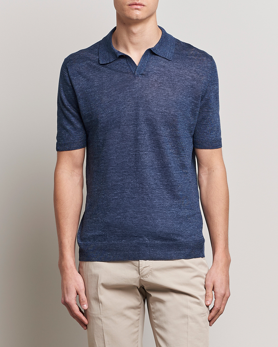 Homme | Polos | Gran Sasso | Knitted Linen Polo Navy Melange