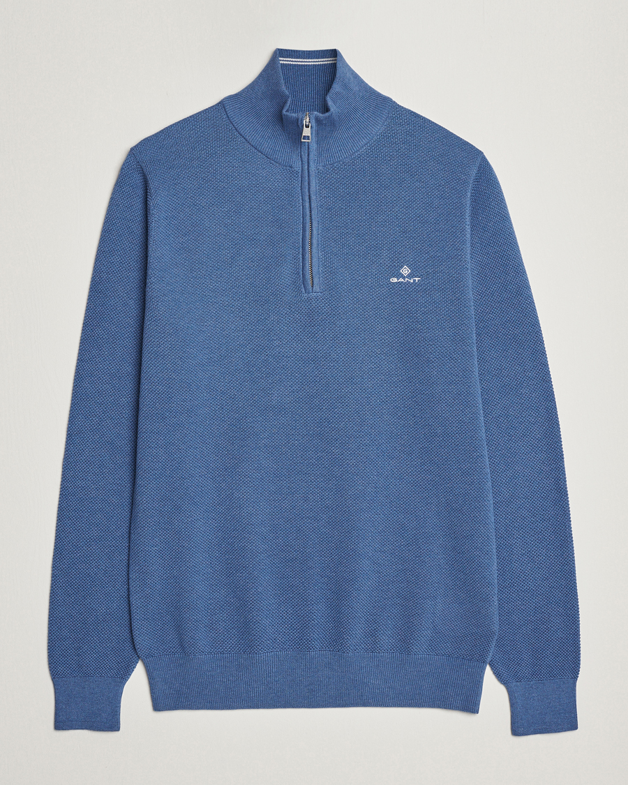 Homme | Pulls Et Tricots | GANT | Cotton Pique Half-Zip Sweater Denim Blue Melange