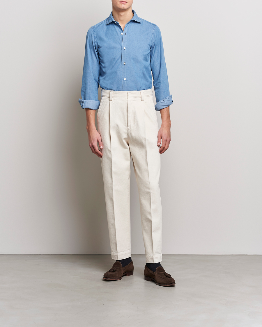 Homme | Chemises | Finamore Napoli | Milano Slim Denim Shirt Light Indigo