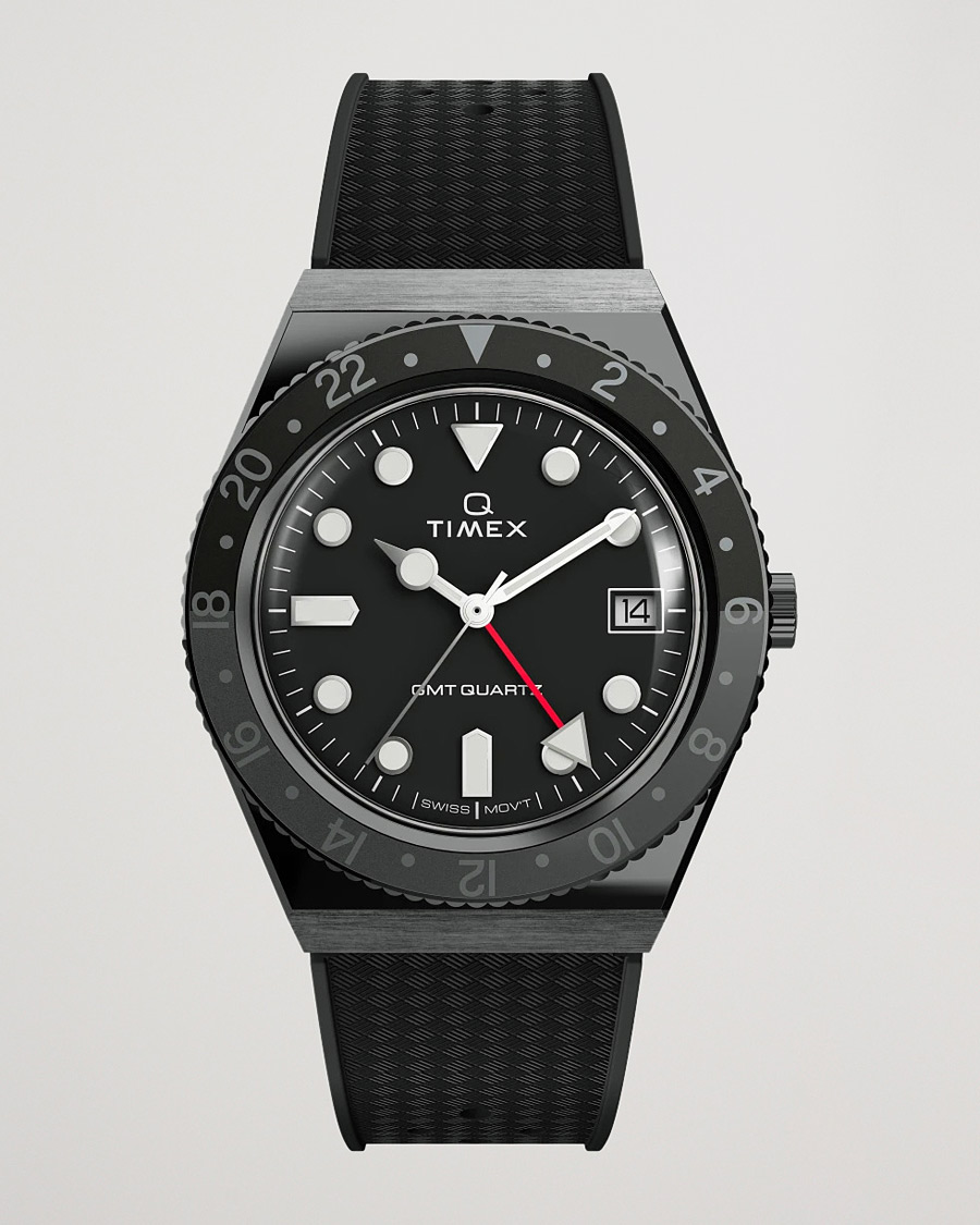 Heren | Timex Q Diver GMT 38mm Rubber Strap Black/Grey | Timex | Q Diver GMT 38mm Rubber Strap Black/Grey
