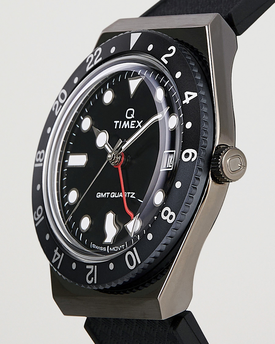 Heren | Timex Q Diver GMT 38mm Rubber Strap Black/Grey | Timex | Q Diver GMT 38mm Rubber Strap Black/Grey