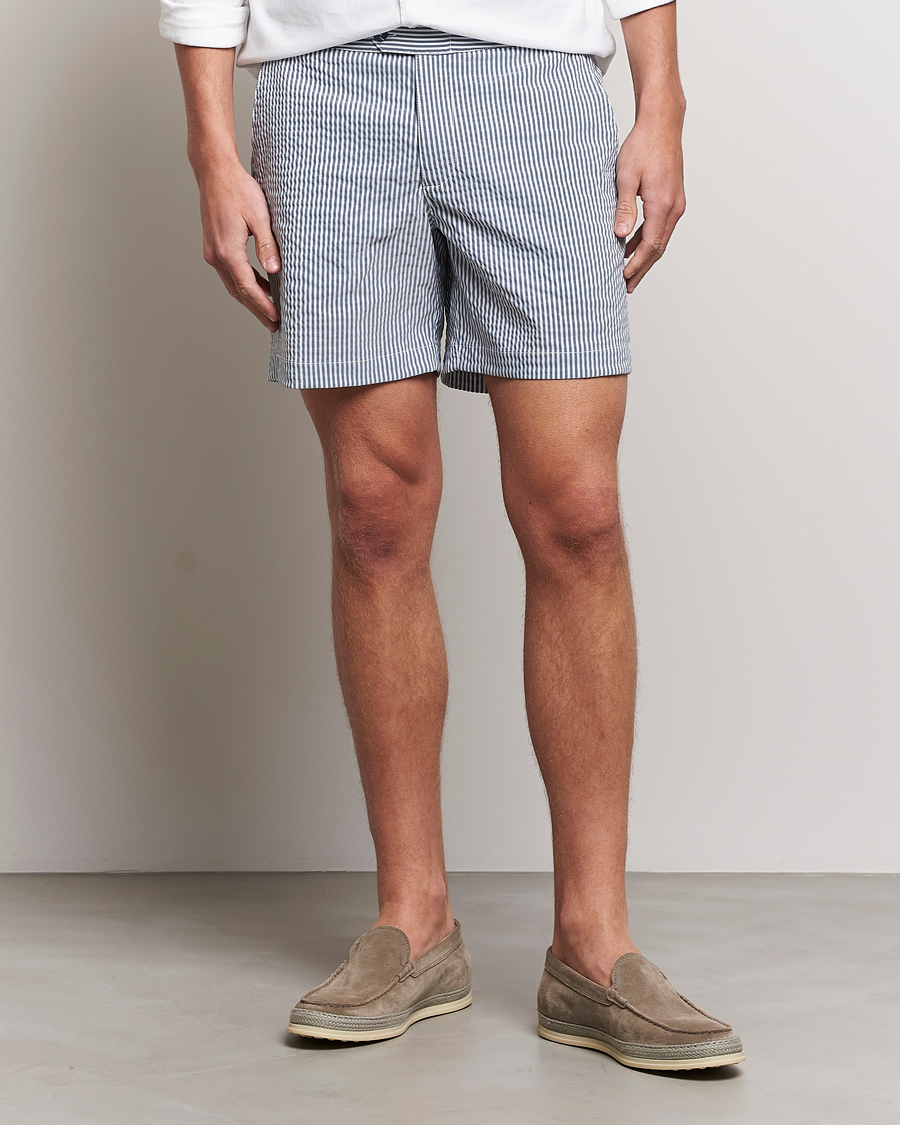 Homme | Maillots De Bain | The Resort Co | Tailored Swim Shorts Navy Stripe Seersucker
