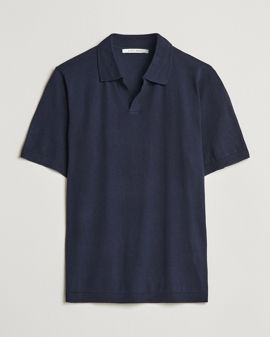 Homme | Polos | A Day's March | Ebro Cotton/Merino Open Collar Polo Navy