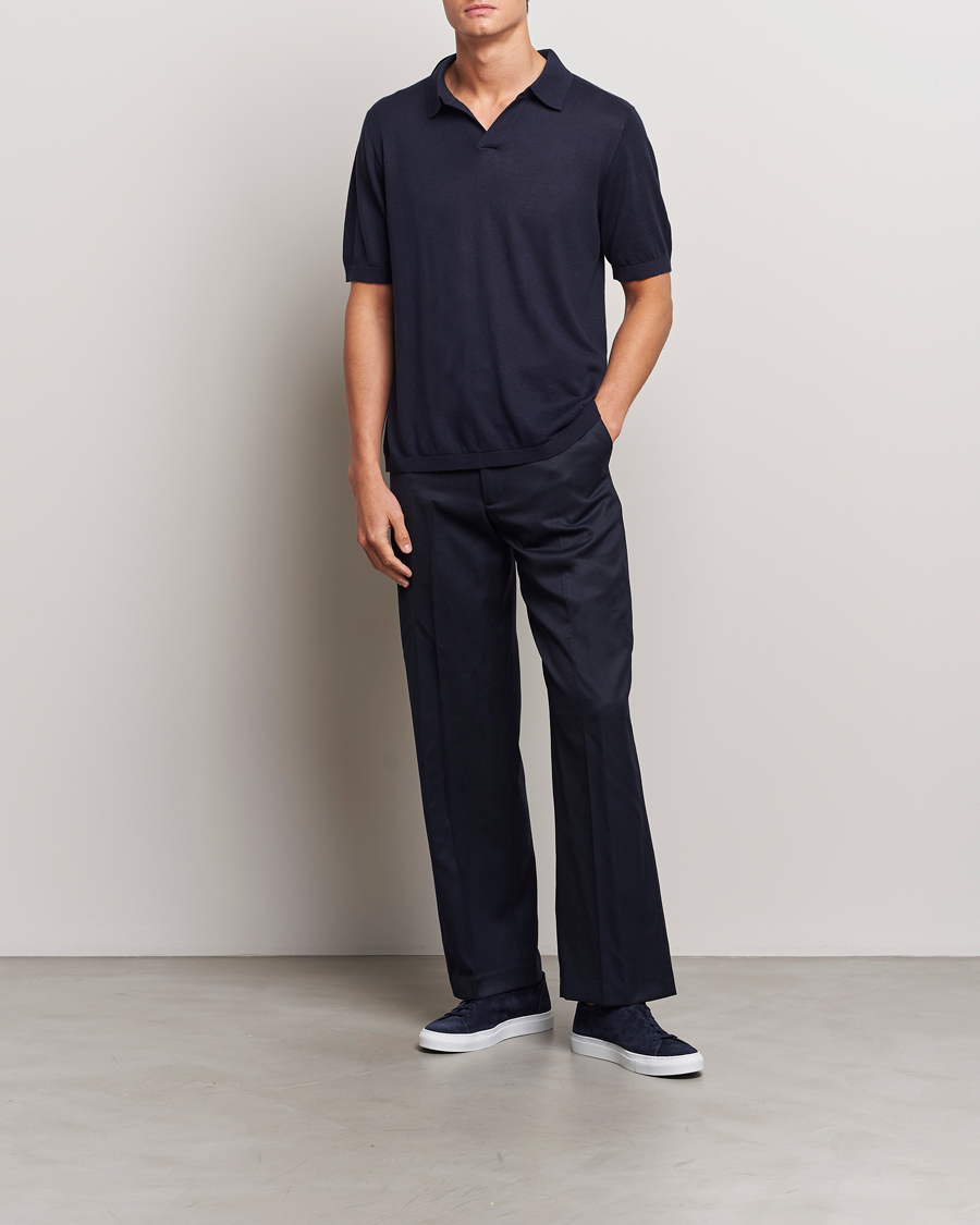 Homme | Polos | A Day's March | Ebro Cotton/Merino Open Collar Polo Navy