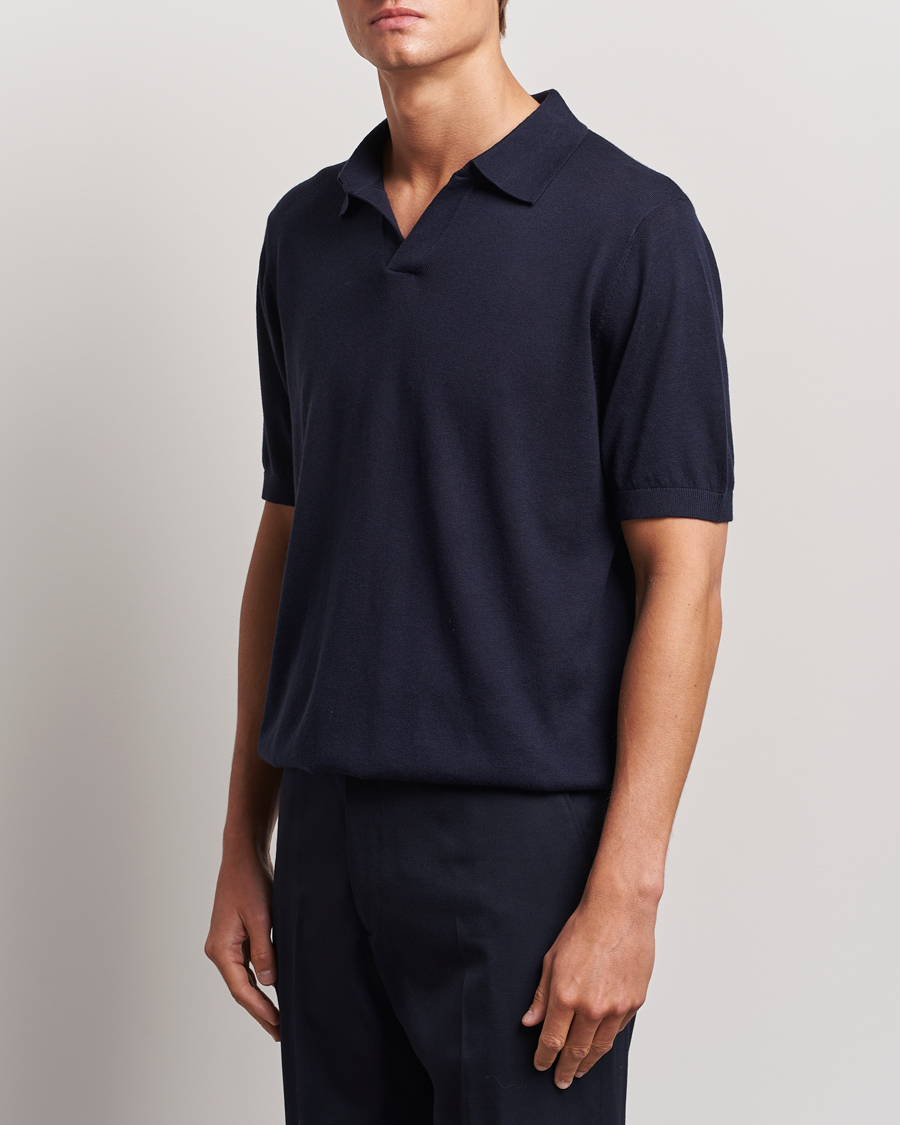 Homme | Polos | A Day's March | Ebro Cotton/Merino Open Collar Polo Navy