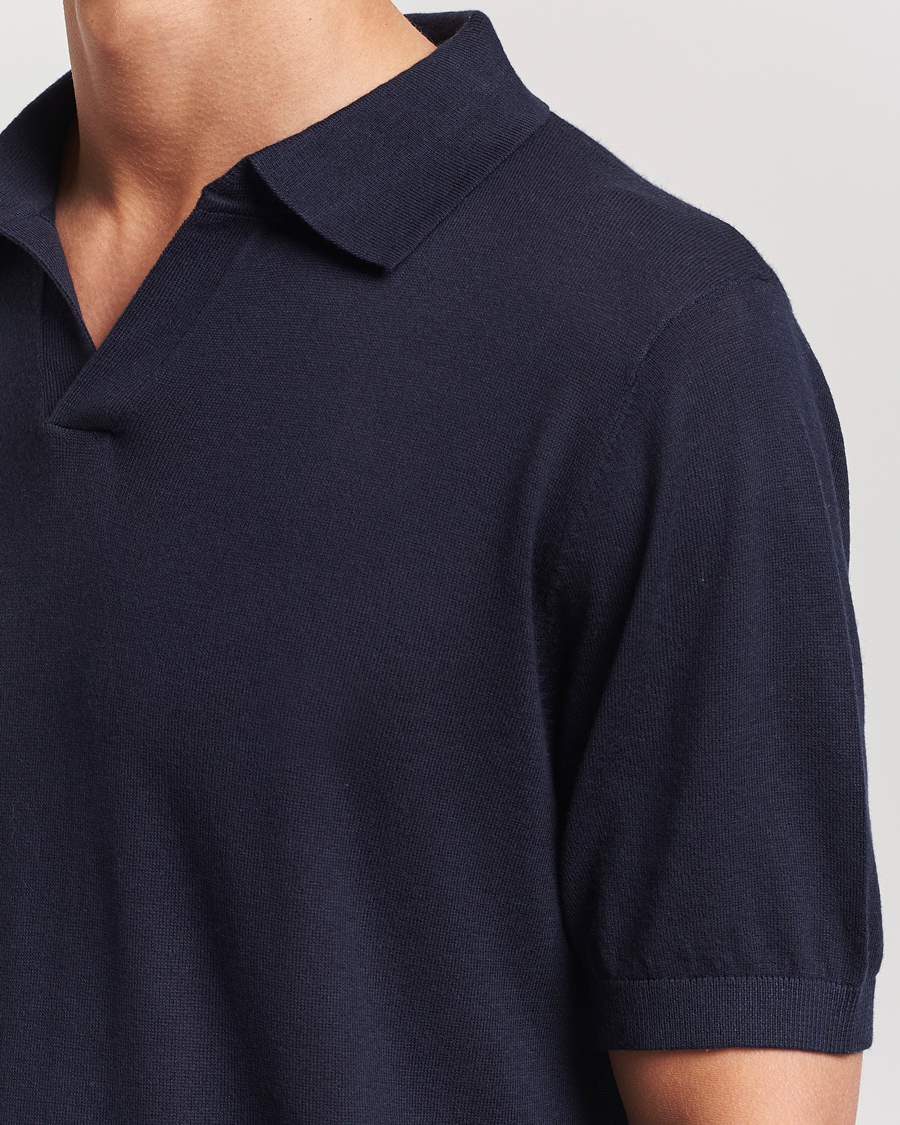 Homme | Polos | A Day's March | Ebro Cotton/Merino Open Collar Polo Navy