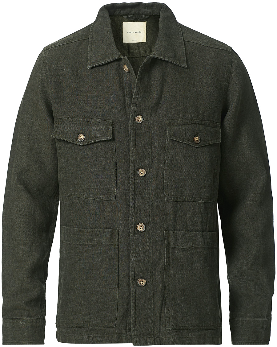 Homme | Chemises | A Day's March | Heavy Linen Patch Pocket Overshirt Olive