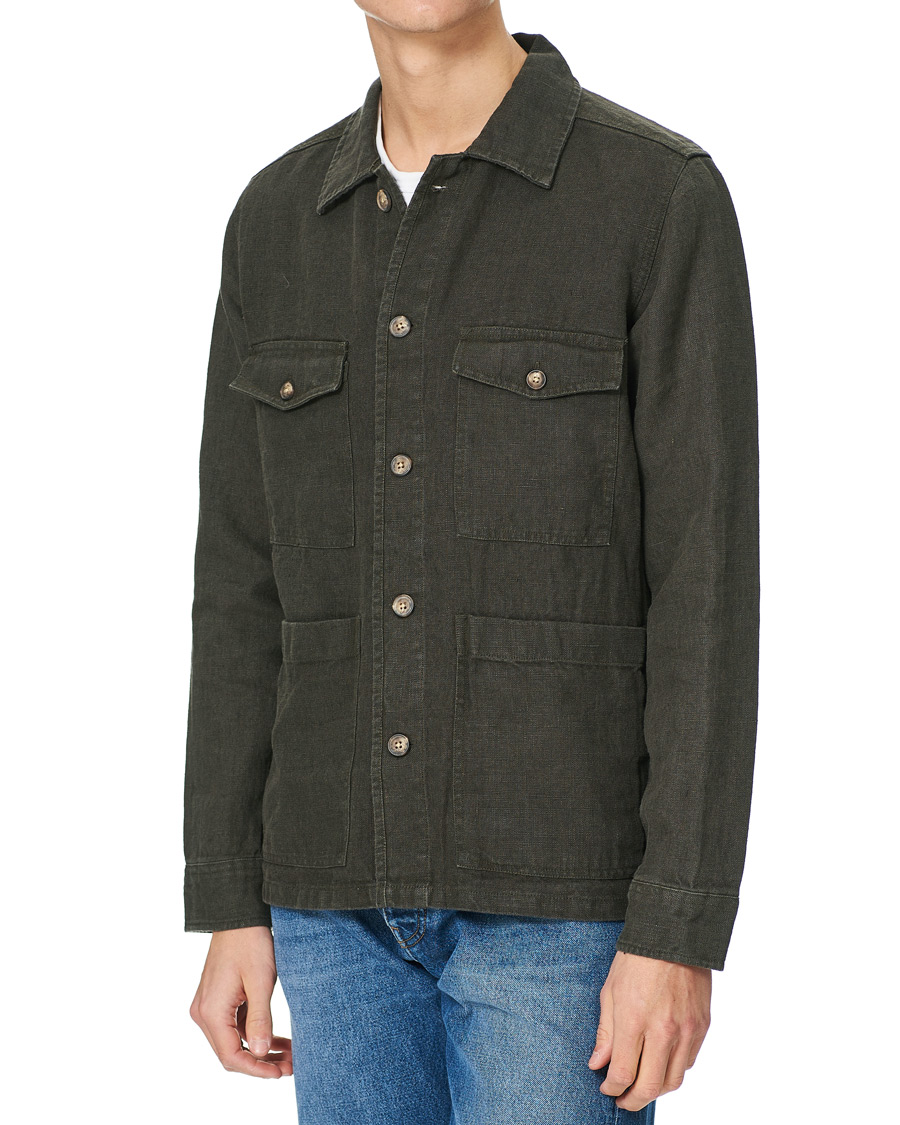 Homme | Chemises | A Day's March | Heavy Linen Patch Pocket Overshirt Olive