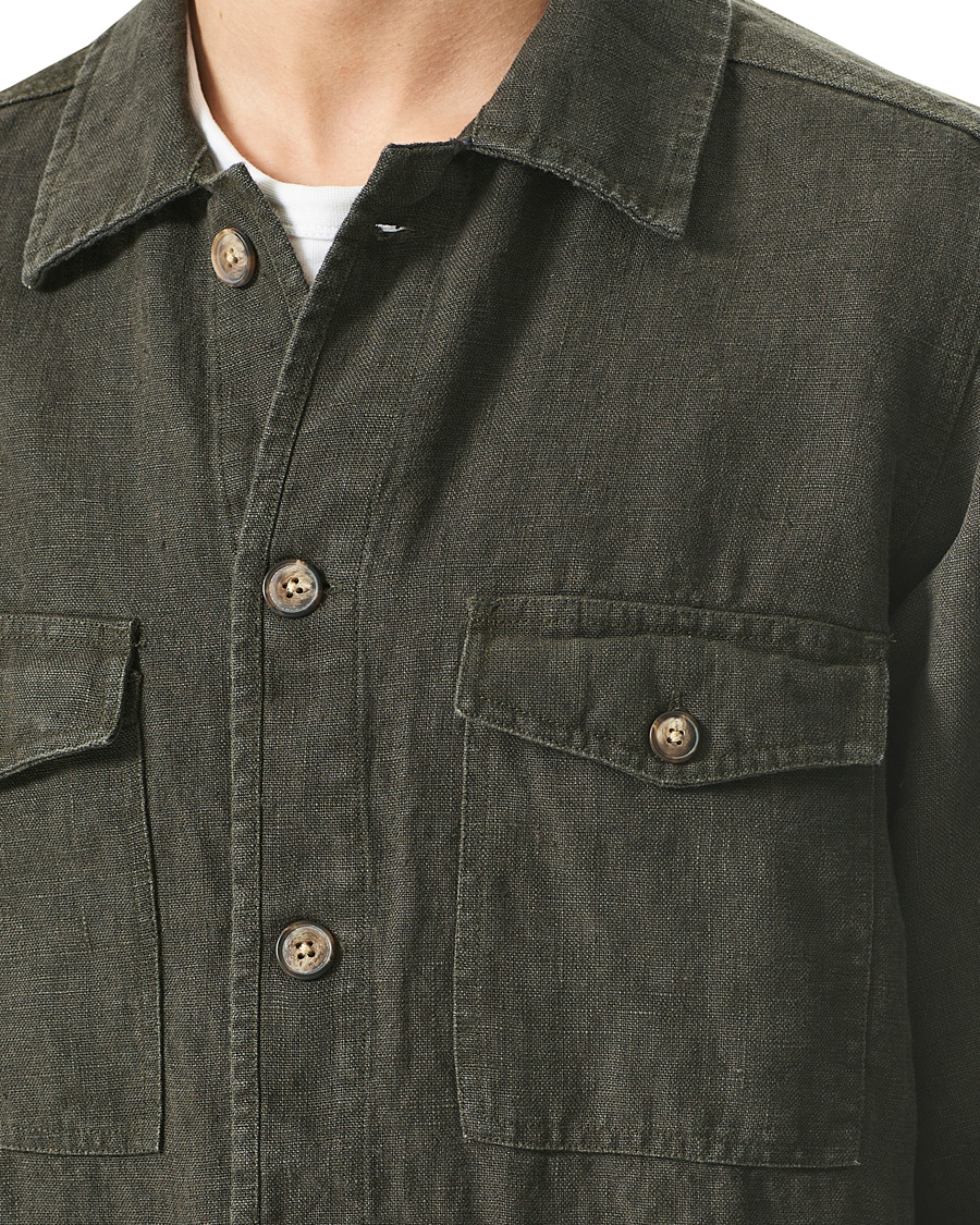 Homme | Chemises | A Day's March | Heavy Linen Patch Pocket Overshirt Olive