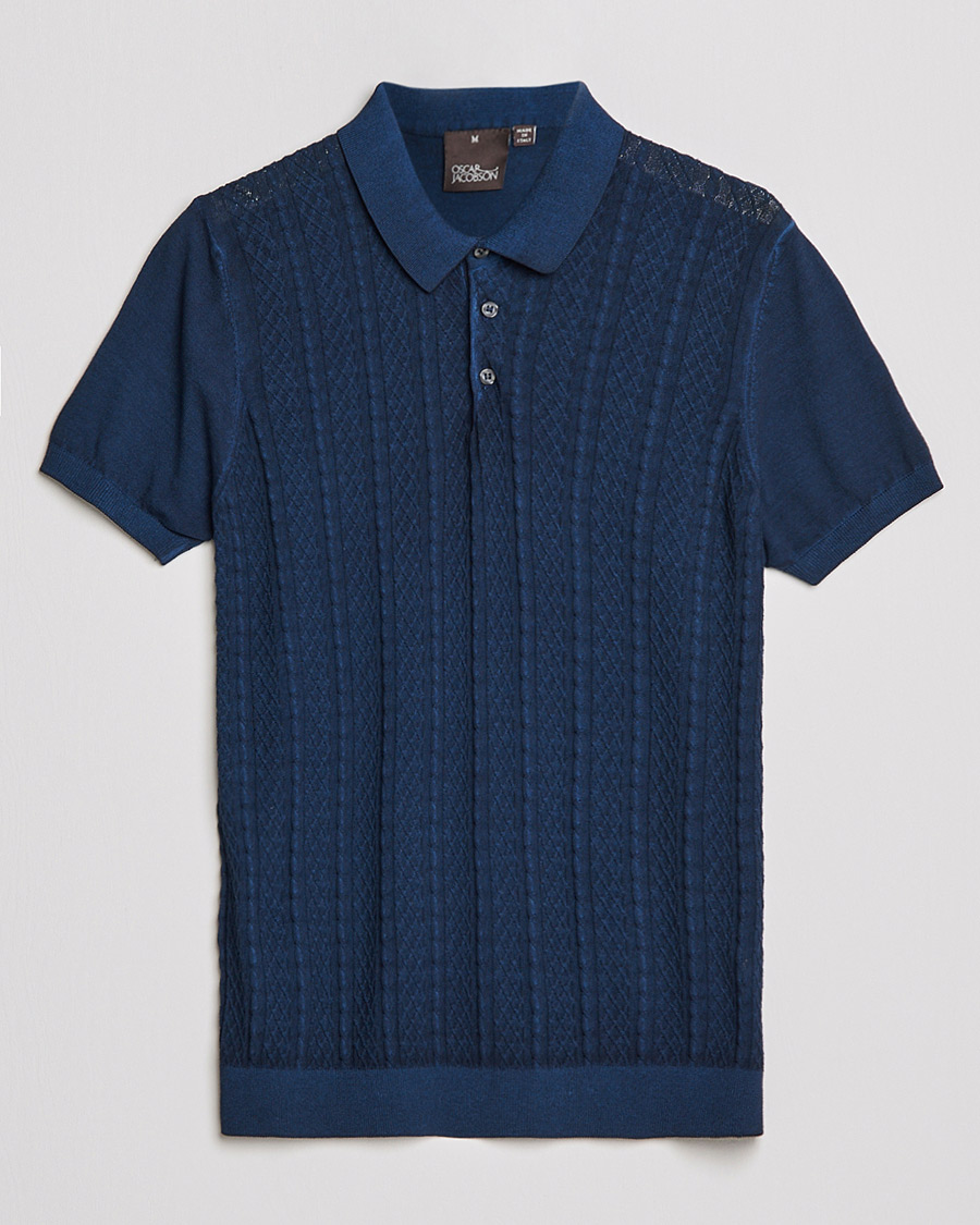 Homme | Polos | Oscar Jacobson | Bard Knitted Cotton Crepe Polo Washed Blue