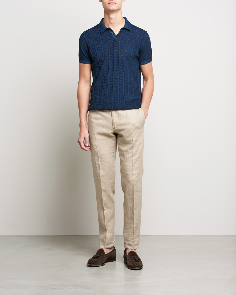 Homme | Polos | Oscar Jacobson | Bard Knitted Cotton Crepe Polo Washed Blue