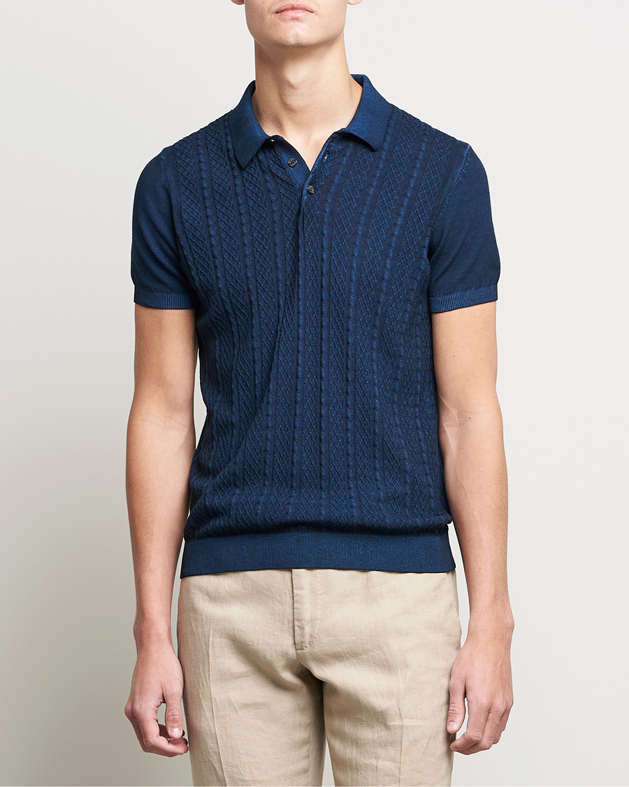 Homme | Polos | Oscar Jacobson | Bard Knitted Cotton Crepe Polo Washed Blue