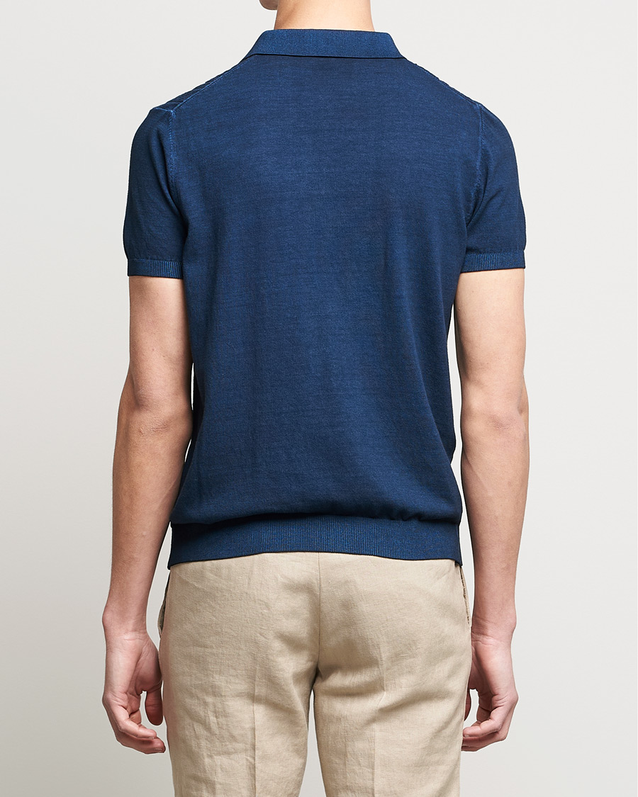 Homme | Polos | Oscar Jacobson | Bard Knitted Cotton Crepe Polo Washed Blue
