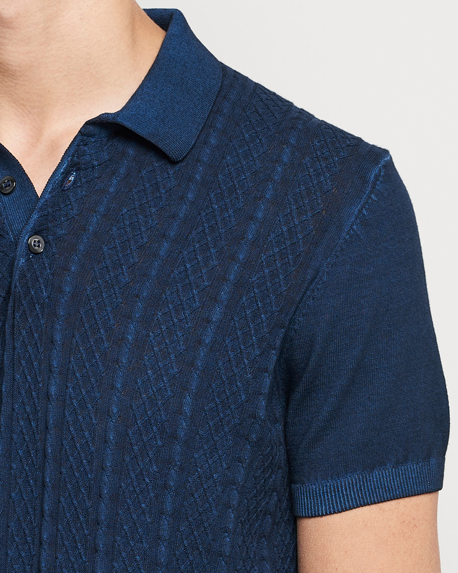 Homme | Polos | Oscar Jacobson | Bard Knitted Cotton Crepe Polo Washed Blue