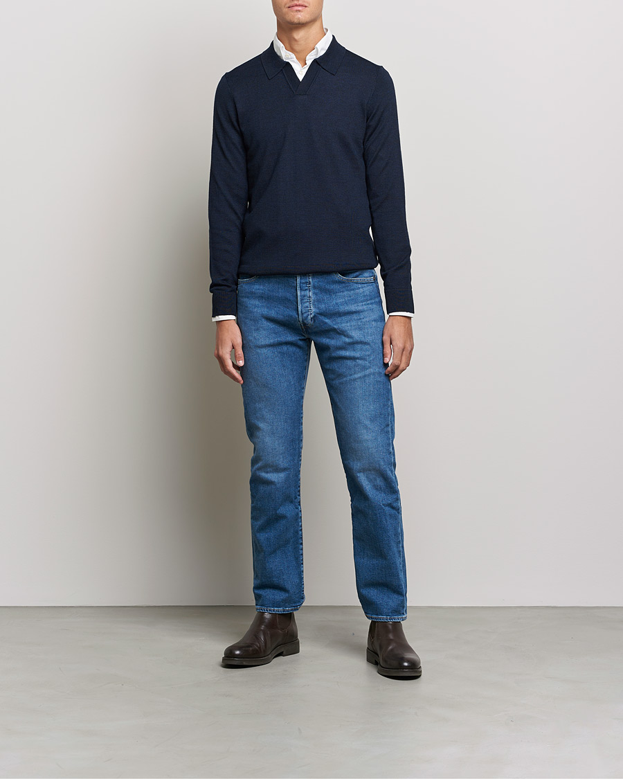 Homme | Pulls Et Tricots | Morris | Delon Merino Knitted Polo Shirt Navy