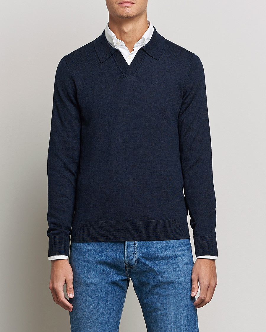 Homme | Pulls Et Tricots | Morris | Delon Merino Knitted Polo Shirt Navy