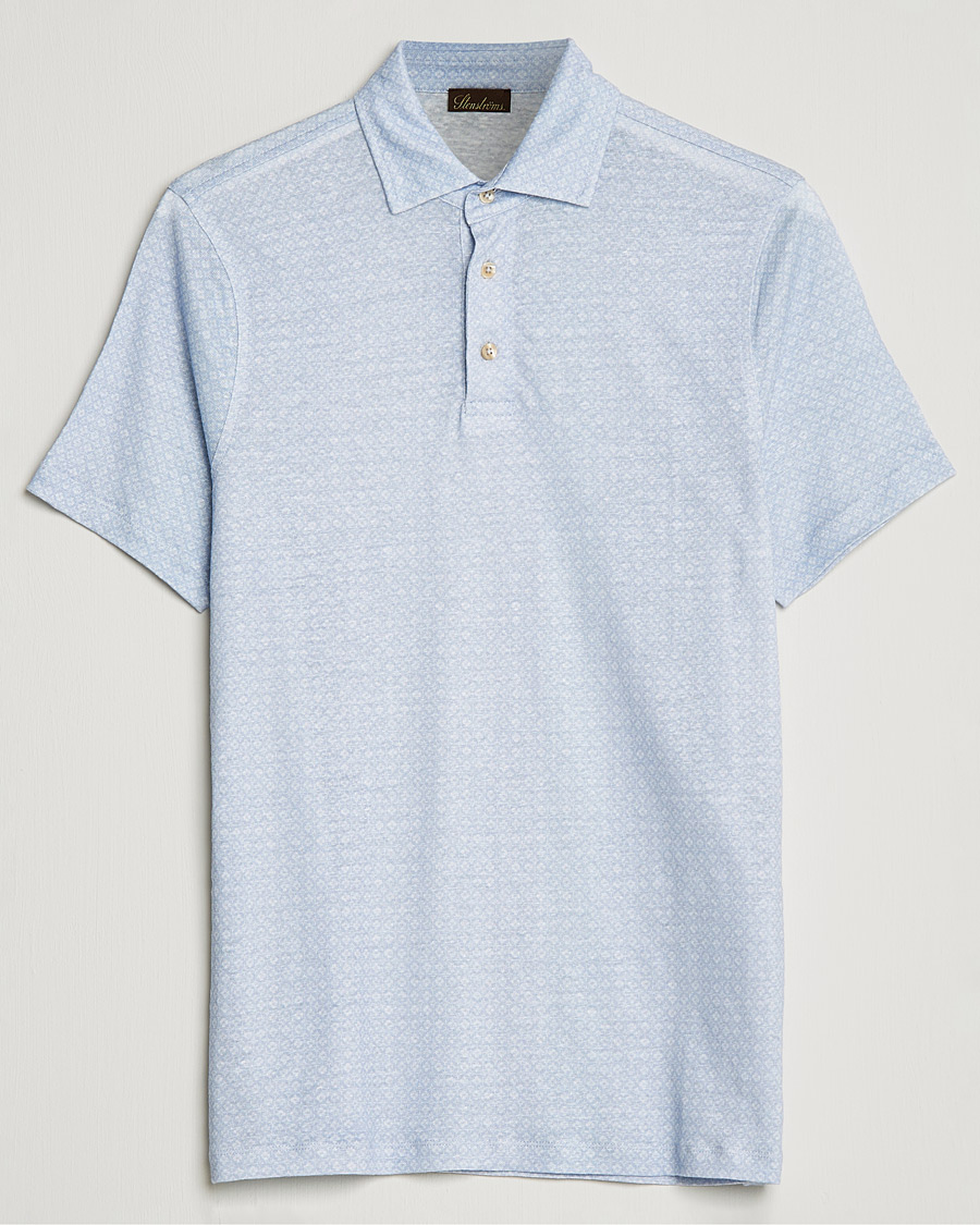 Heren | Polo's | Stenströms | Printed Linen Poloshirt Light Blue