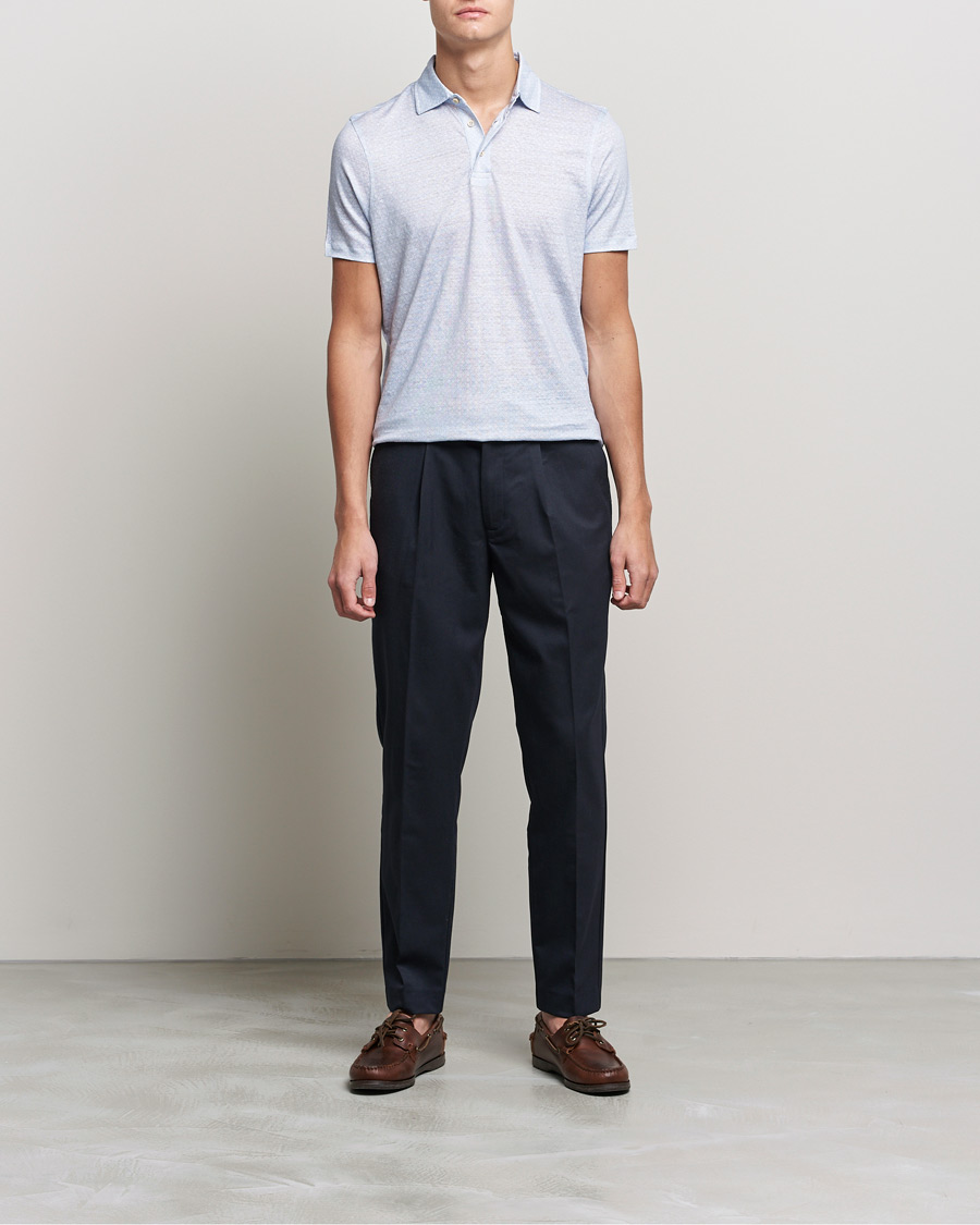Heren | Polo's | Stenströms | Printed Linen Poloshirt Light Blue