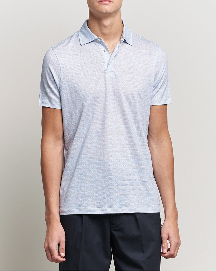 Heren | Polo's | Stenströms | Printed Linen Poloshirt Light Blue
