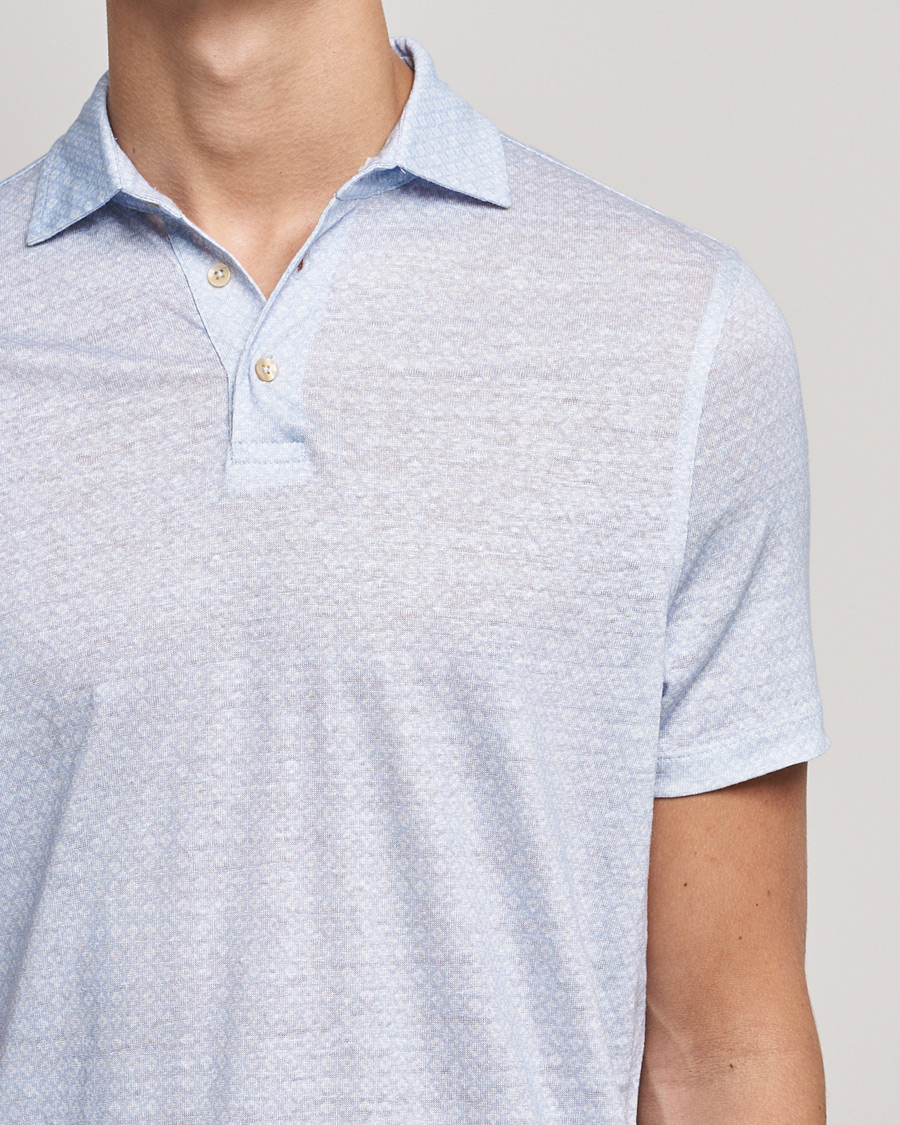 Heren | Polo's | Stenströms | Printed Linen Poloshirt Light Blue