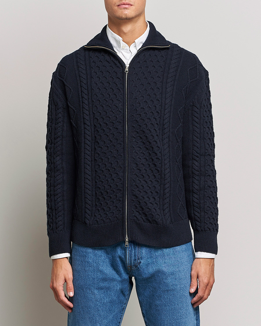 Heren | Truien | GANT | Aran Structured Full Zip Evening Blue