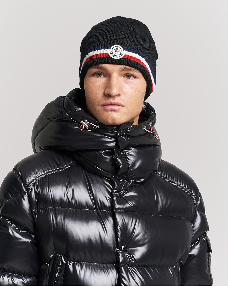 Heren | Moncler Striped Wool Beanie Black | Moncler | Striped Wool Beanie Black