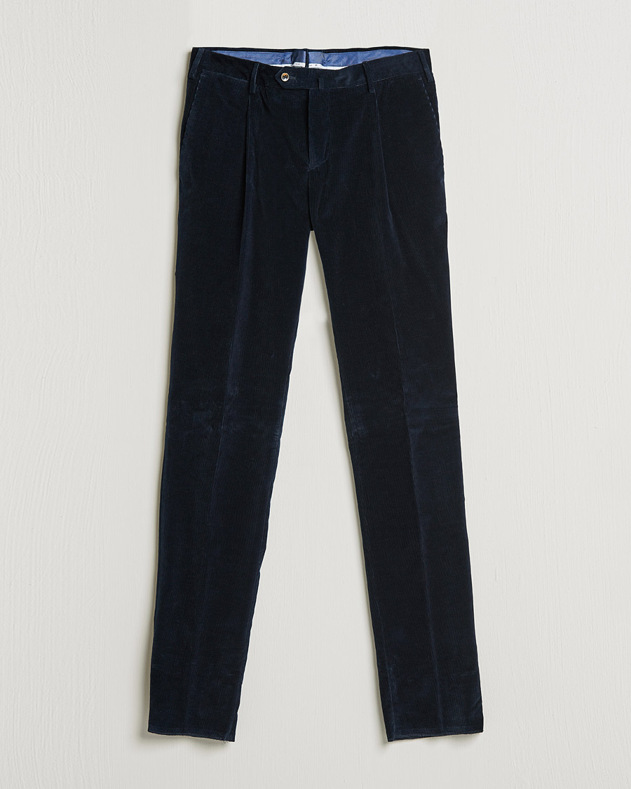Homme | Pantalons | PT01 | Slim Fit Pleated Corduroy Trousers Navy