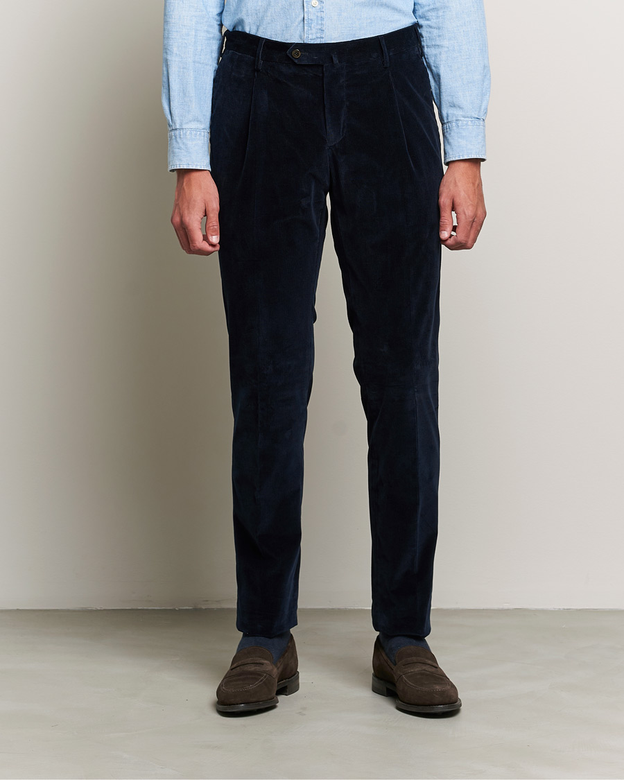 Homme | Pantalons | PT01 | Slim Fit Pleated Corduroy Trousers Navy